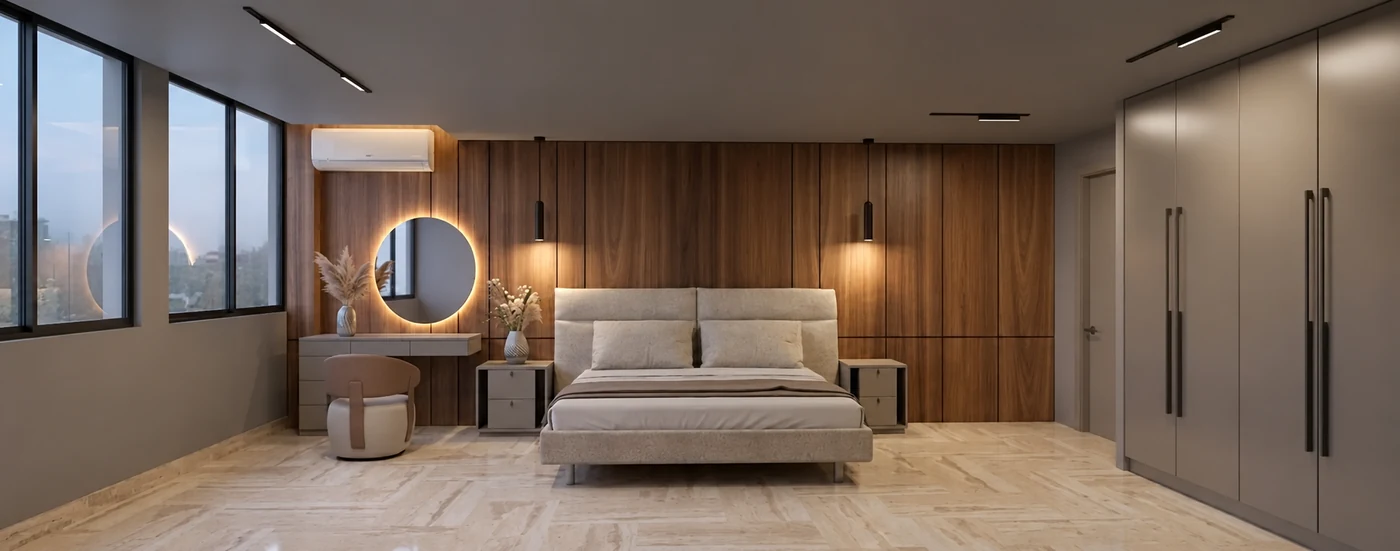 Render 3D de una habitación con cabecero de madera y clóset gris a medida